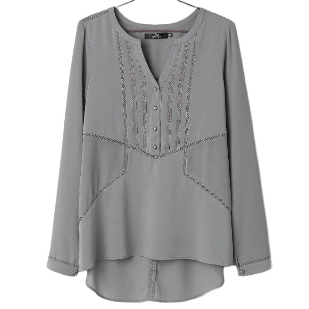 BKE Gray Sheer Silky Henley Tunic Sz S Embellished Gem Buttons Crochet Insets